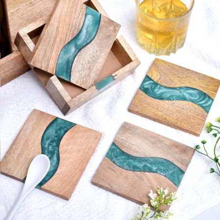 Handmade Green Epoxy River and Acacia Wood Wood Set of 4 Decorative Table Coasters with Cover